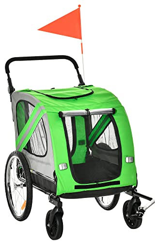 PawHut Rimorchio Bici e Passeggino per Cani 2 in 1, Carrello Bici in Acciaio e Tessuto Oxford con Catarifrangenti e Bandierina, Verde
