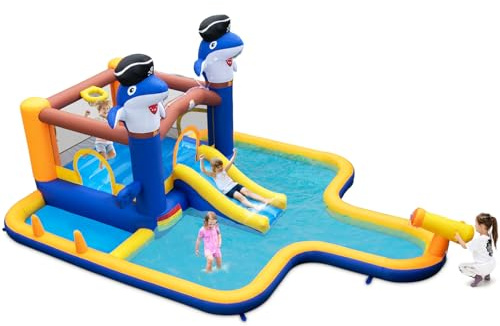 COSTWAY hoppborg med torr/vattenrutschkana, hoppområde, plaskdamm, vattenkanon, basketkorg och boxningsspel, Bouncy Castle för barn, 578 x 408 x 250 cm