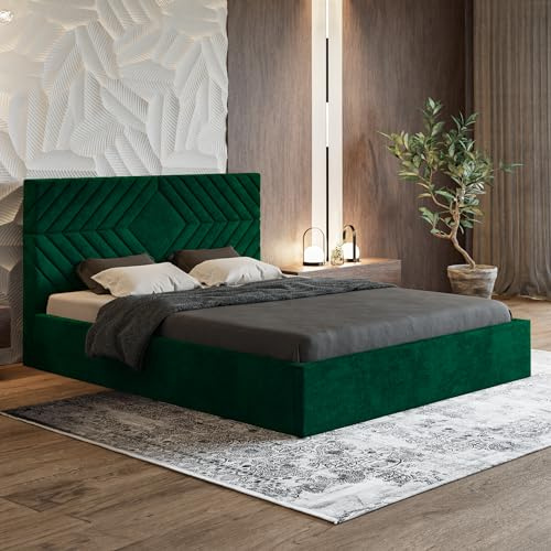 MOTIVENA Eva Bett 180x200 Grün Samt, mit Stauraum, mit Kopfteil, mit Lattenrost, ohne Füße, ohne Matratze, Polsterbett 180x200 mit Bettkasten Grün (Dunkelgrün)