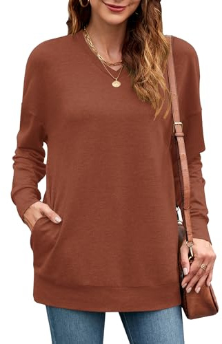 PLOKNRD Femme Sweatshirt Col V Pull à Manche Longue Loisirs Lâches Top Blouse Chic et élégant avec Poche(Caramel,S)