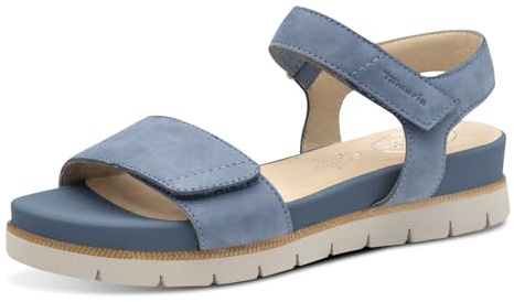 Tamaris Comfort Damen Sandalen flach aus Leder mit Klettverschluss, Blau (Denim Nubuc), 38 EU