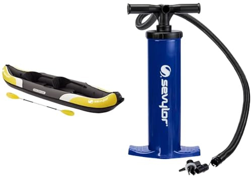 Sevylor Kanu aufblasbar Colorado Kit, 2 Personen Faltkajak inkl. 1 Doppelpaddel, Fußpumpe, 331 x 88 cm & Sevylor 2000019887 manuelle Luftpumpe, blau, 2 x 2 Liter (46 x 22 cm)