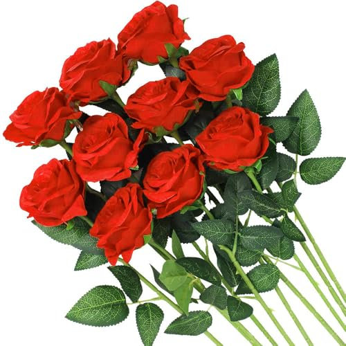 FODYNE Artificial Silk Rose Flowers, 15 Pcs Fake Roses with Long Stems Artificial Flowers for DIY Wedding Bouquet Table Centerpiece Home Party Decor (15, Red)