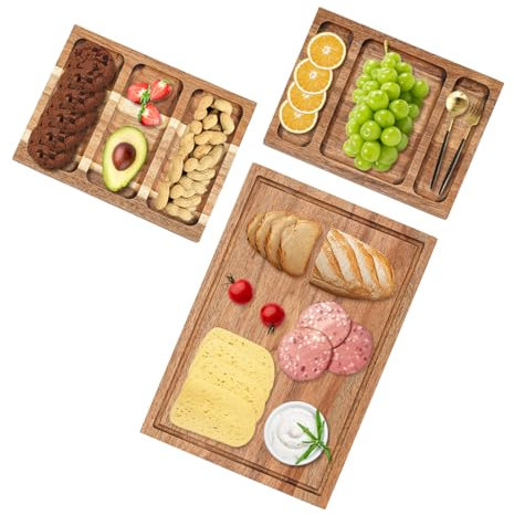 JAYEUW Planche à fromage, en bois d'acacia, 3 en 1, grande et 2 petites assiettes à collation, magnétique, plateau de service, pour viande, fromage, légumes, crackers