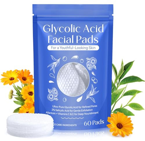 60pcs Glycolic Acid Face Pads - Salicylic Acid Face Exfoliator Pad - Gentle Exfoliation Facial Pads - Vitamin C & E for Deep Nourishment Toner Cleansing Wipes