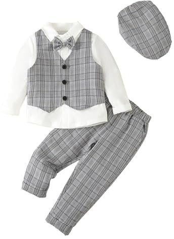Lito Angels Completo Elegante Bambino Abito da Gentleman Cerimonia Vestito da Paggetto con Gilet e Cappello Taglia 7 Anni, Grigio