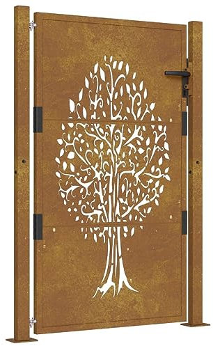 Gartentür aus Metall, Baum-Design Gartentor für Stabmattenzau Zauntor, Hoftor, mit Pfosten, Garten Flügeltore Gartenzaun Tür, 105x130 cm Cortenstahl