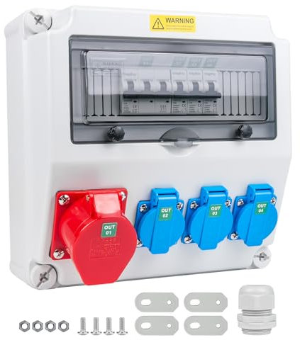 WSPIHO Construction Current Distributor 16 A with Circuit Breaker Wall Distributor with CEE Socket 16 A, High Current Socket for Outdoor Distribution Box (3 x 16 A 1P LS+1 x 16 A 3P LS)