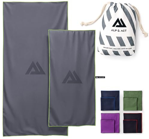 ALP & ACT Asciugamano in microfibra Set di 2-100% microfibra riciclata - EXTRA COMPATTO e leggero - 150x70 cm + 100x50 cm - Come telo mare, da viaggio o sportivo - Asciugamani con borsa - grigio