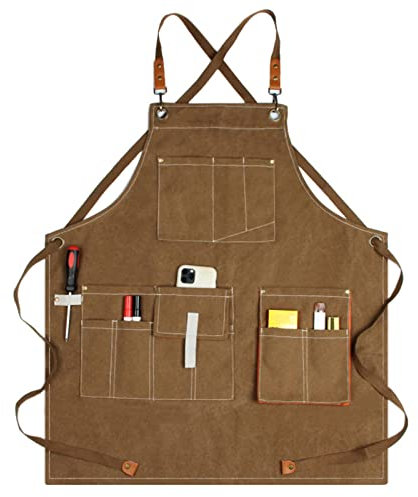 Holzschürze, Werkzeugschürze, Schürzen for Männer, Arbeitsschürze aus Segeltuch, Werkstatt-Werkzeugschürze mit verstellbaren Trägern for Friseur, Küche, Gärtner, Café(Bruin)