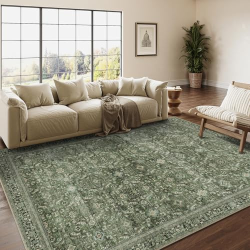 HUGEAR Vintage Teppich Wohnzimmer 140x200cm Grün Waschbar | Waschbarer Retro Teppich,Weich,Rutschfest Kurzflor,Groß,für Wohnzimmer,Schlafzimmer, Esszimmer,Büro,Carpet,Teppiche