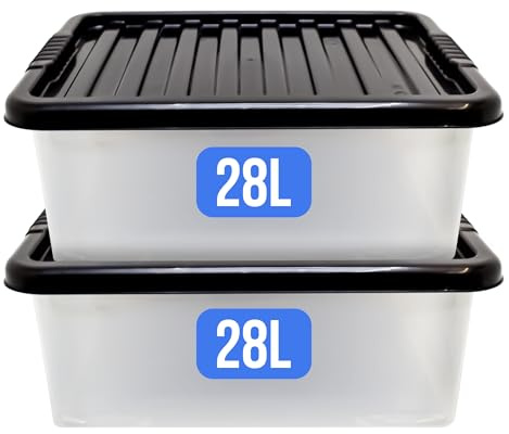 KMJ® 2 Pack-28L Under Bed Storage Box with Lid – Large Plastic Storage Box for Clothes, Shoes, Toys Etc.– Clear Underbed Storage Boxes with Lids – Stackable Storage Boxes Plastic