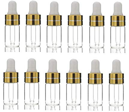 12 botellas de vidrio transparente vacías con cuentagotas de aceite esencial de 3 ml con cuentagotas y cabeza de goma blanca, perfumes, aceites de masaje, loción, líquidos, cosméticos, maquillaje