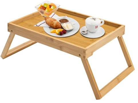Kaukinye Bamboo Bed Tray Table with Foldable Legs, Breakfast Tray, Laptop Desk for Bed or Sofa,Serving,TV Table Kitchen, Eating,Working, Reading (Beige)
