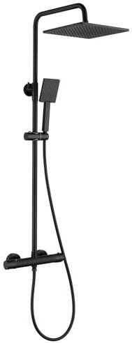 Auralum Set Columna Ducha con Mezclador Termostático Antiquemaduras, Conjunto Columna Negro con Rociador de 25x25cm, Teleducha, Barra de Ducha de Acero Inoxidable y Flexo de Ducha de PVC