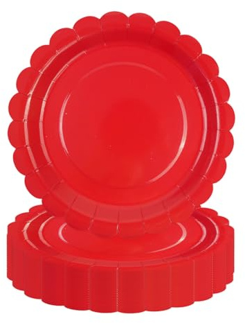 DHAIQC 50 Stück Pappteller Rot 23cm, Gewelltem Partyteller Papierteller Geburtstagsteller Einwegteller Set für Geburtstag, Hochzeiten, Jubiläums (Rot, 23cm)