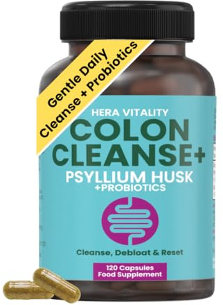 Colon Cleanse with Psyllium Husk & Probiotics – Supports Regularity, Gut Health & Bloating Relief – Gentle Daily Detox Supplement – Vegan – 120 Capsules