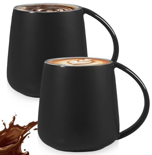 GOMETY Juego de 2 tazas de café clásicas de cerámica, tazas de café grandes, 380 ml, juego de tazas de café de cerámica maciza de alta calidad para capuchino, té, espresso, hogar, oficina (negro mate)