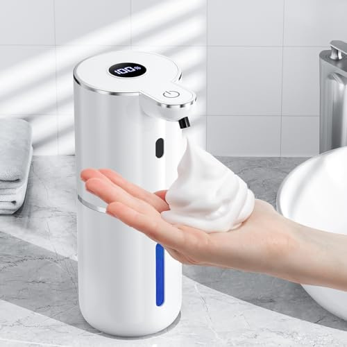 Fachixy Dispenser Sapone Automatico con Display Digitale, Touchless, Montaggio a Parete Dispenser Sapone Bagno, Ricaricabile, 380ml, IPX5 Impermeabile Dispenser Schiuma per Bagno, Cucina