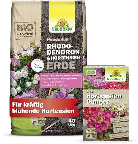 Neudorff Hortensien-Set – Bio Hortensiendünger und torffreie Hortensienerde für farbenfrohe und prächtige Blüten, sowie ein gesundes Wachstum