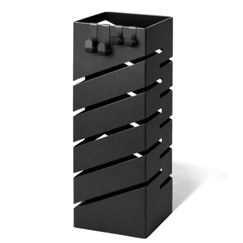 VOUNOT® Metal Umbrella Stand, Square Umbrella Holder, Freestanding Umbrella Storage Rack with Drip Tray & 4 Hooks, Diagonal Pattern for Entryway, Home, Office, 15.5 x 15.5 x 43.5 cm, Black