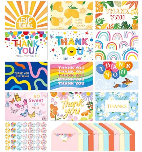 48 Pezzi Biglietti di Ringraziamento in Assortimento, 12 Design Biglietti di Ringraziamento Unici con 50 Adesivi e 48 Buste, Carta 4x6in per Amici Famiglia Regali Anniversario Congedo Colleghi