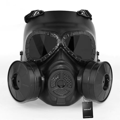Maschera Softair Tattico Maschere Paintball Airsoft Dummy Anti Fog Gas Maschera con Doppio Turbo Giochi CS Protection Gear per bbs (Nero-Lente grigia)