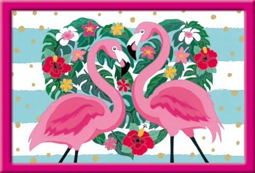 Ravensburger CreArt 28782 - Liebenswerte Flamingos - Malen nach Zahlen ab 7 Jahre, Malset mit Rahmen, Pinsel und Acrylfarben, Geschenk für Mädchen und Jungen, mit Gold-Farbe
