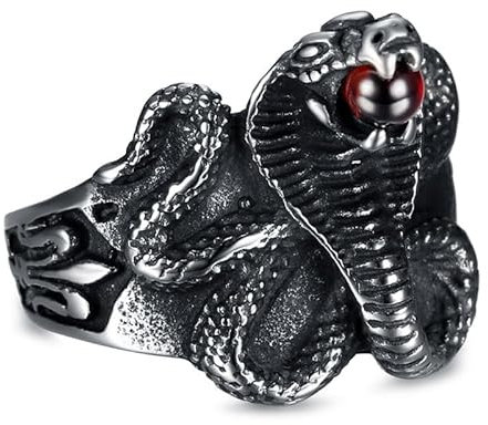 BOBIJOO Jewelry - Chevalière Bague Homme Serpent Cobra Pierre Orbe Rouge Fleur de Lys Acier Inoxydable 316L - 60 (9 US)