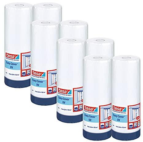 tesa Easy Cover 4369 Cinta + film protector UV - Azul - 8 x - 14 m x 1,8 m | Cinta con protector resistente a los rayos UV - Para exteriores - Set 2 en 1 con cinta de tela