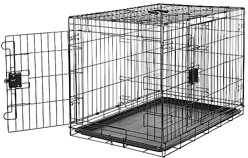 Amazon Basics Zusammenklappbarer Hundekäfig aus Metalldraht mit Bodenschale, Doppeltür, Schwarz, L 91 x B 58 x H 64 cm