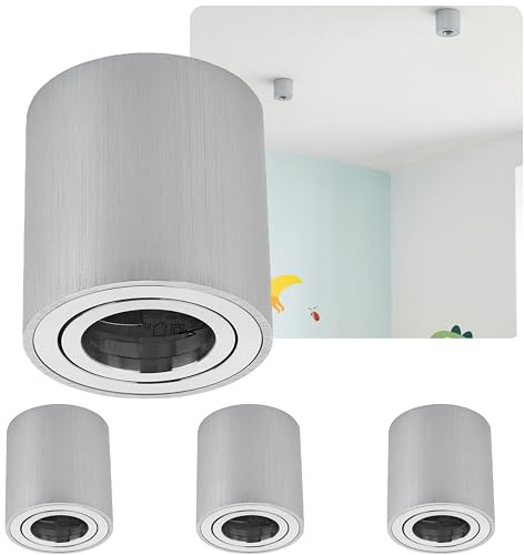 Sweet Led 4er Set Aufbaustrahler Alu Silber-Gebürstet, Aufbauspot Schwenkbar, GU10 Fassung, Deckenspot Ø80mm, 230V Aufputz