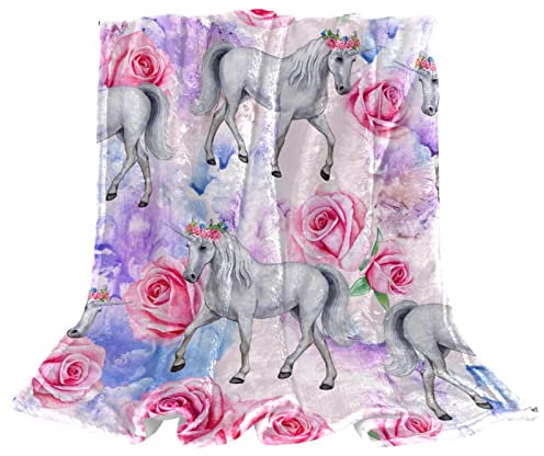 Fleece-Überwurfdecke für Couch, leicht, Plüsch, flauschig, weißes Pferd, Einhorn, rosa Rosen, Blumenmuster