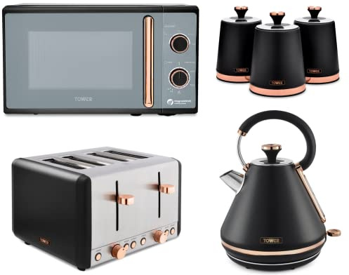 Tower Cavaletto Black & Rose Gold 1.7L 3KW Pyramid Kettle, 4 Slice Toaster, 800W 20L Microwave & 3 Tea, Coffee & Sugar Canisters. Contemporary Matching Kitchen Set of 6