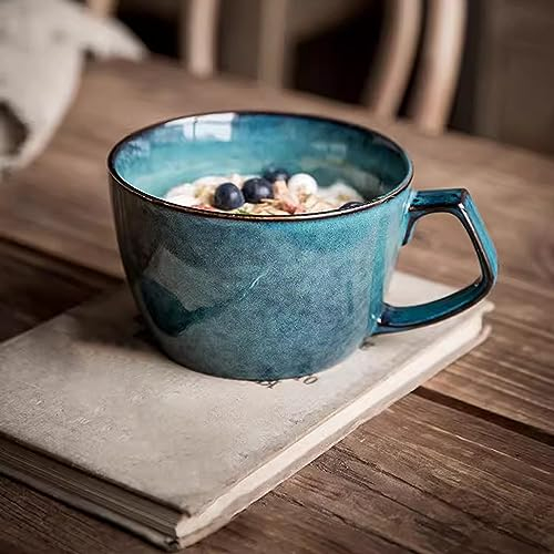 Cteahrow Large Soup Bowl with Handle, 700ml Coffee Mug, Cereal Breakfast Cup, Suitable for Milk Desserts, Oatmeal, Microwave Safe (blue)