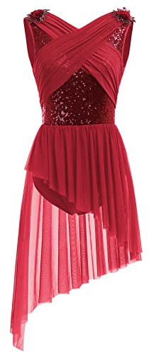 Ballettkleidung Damen Tanzkleid Ärmellos U-Rücken Glitzer Pailletten Blume Ballett Body Ballettanzug Asymmetrischer Tüllkleid Ballettkleid Salsa Ballerina Dancewear Eiskunstlauf Kleid Weinrot M
