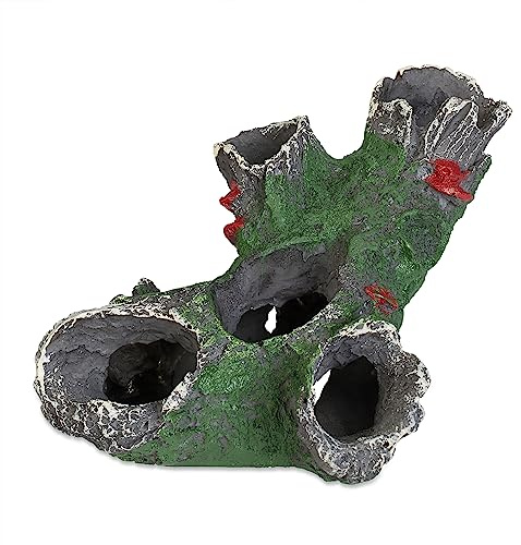 Relaxdays Aquarium Deko, Baumstamm, Versteck für Fische & Garnelen, HxBxT: 6,5 x 15 x 10 cm, Aquarium-Höhle, grau/grün