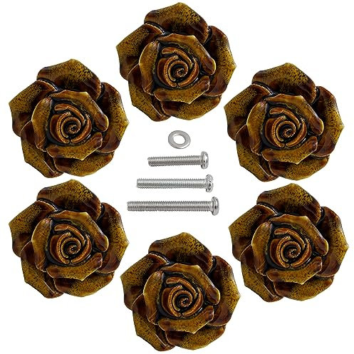 Tecrio Retro Floral Kommodenknöpfe, Vintage Keramik Rose Schrank Kommode Schublade Knöpfe und Griffe – Set mit 6 Stück mit Schrauben (A)