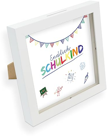 itenga Geldgeschenk I Spardose I Schulanfang I Gutschein I Bilderrahmen zum Befüllen I Geschenkverpackung I inkl. Einleger und Briefumschlag zum Dekorieren (Endlich Schulkind weiß)