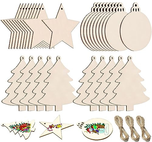 Rayong Lot de 30 décorations de Noël en bois vierges avec ficelle pour loisirs créatifs, décoration de sapin de Noël