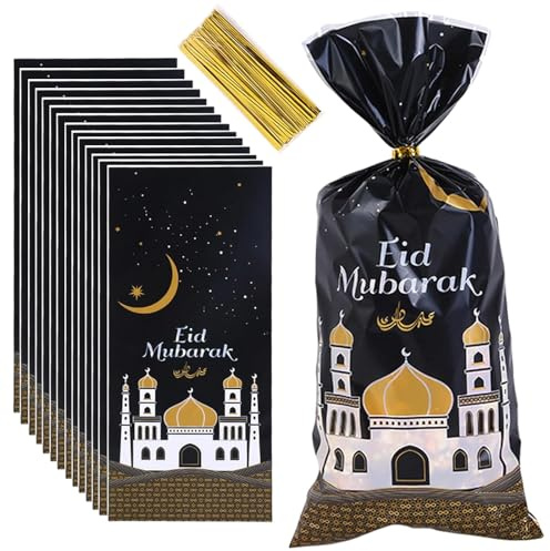 Zkaoai Eid Mubarak Tüten, 100 Stk Ramadan Tüten zum Befüllen, Eid Mubarak Geschenktüten mit 100 Twist Krawatten,Ramadan Thema Geschenktüten Partytüten,Eid Mubarak Partytüten für Eid Mubarak Party Deko