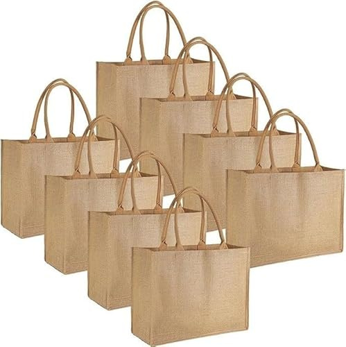 LYCN 8 Pack Large Burlap Jute Tote Bag, Reusable Shopping Bags with handles, Wedding Welcome Bags Jute Gift Totes Grocery Handbags for DIY Crafts Wedding Bridesmaid (40 * 32 * 15cm
