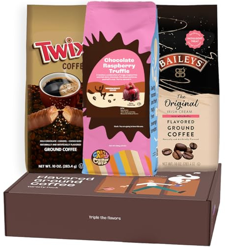 Perfect Samplers Flavored Ground Coffee Gift Box Variety Pack, Twix, Baileys Original, Chocolate Raspberry Coffee, Medium Roast Ground Coffee Sampler, 3 Pack