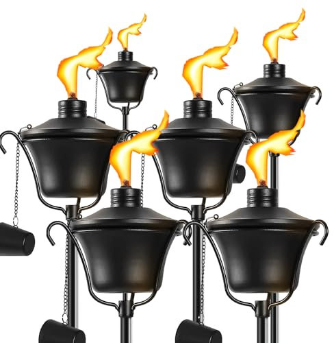 FALBAWR Citronella Torches Set of 6, 3-Prong Grounded Stake Outdoor Torches, 14.5 oz Garden Torches for Outside, 58 inch Outdoor Decorative Torch
