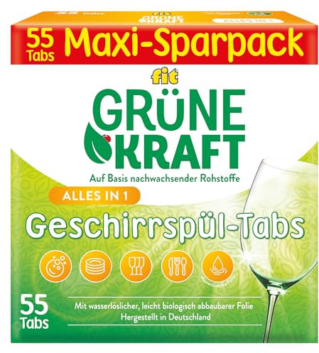 fit Grüne Kraft Alles-in-1 Tabs 55 Stück - Geschirrspül-Tabs für Spülmaschinen, Sauberkeit, Glanz, wasserlösliche Folie, vegan