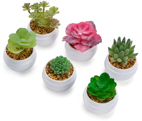 Winlauyet 6 pack Mini Artificial Potted Succulent with Pots, Mini Potted Fake Plants for Indoor Use, Faux Plastic Plants for Bathroom, Bedroom, Office, Table, and Home Décor