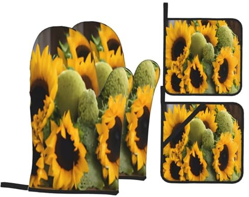 Set di 4 guanti da forno e presine – Girasoli – Guanti da forno a microonde isolati e guanti da cucina, set di guanti da forno antiscivolo con cuscinetti caldi, per cucinare, cuocere al forno,