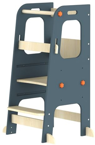 SUPEASY Torre di apprendimento Montessori in legno - Sgabello da cucina regolabile in altezza (3 livelli) con piedini antiscivolo e barra di sicurezza - Per bambini da 1,5 a 5 anni, Blu scuro