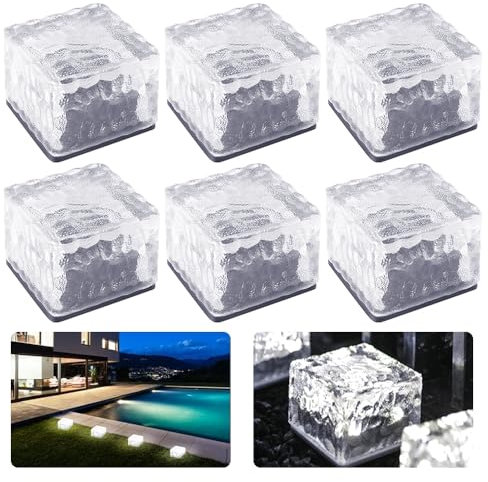 TOPRUNYI Set of 6 Glass Paving Stones Solar Outdoor, 6.8 x 6.8 x 4.8 cm, Waterproof, LED Light Sensor On/Off Floor Spotlight, Path Lighting Decoration for Garden, Patio, Balcony and Path (Transparent