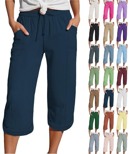 Musselin Hose 3/4 Leinenhose Sommer Kurze Hosen Sommerhose Leicht Caprihose Culotte Dreiviertel Strandhose Schlupfhose Kurzgrößen Damenhose Mit Gummizug
